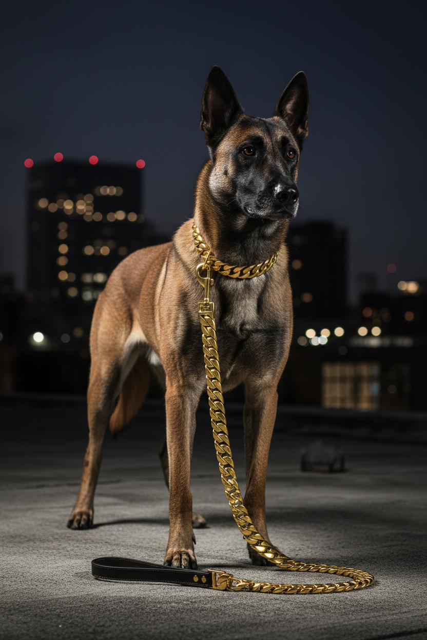 Gold heavyweight Cuban leash and collar on Belgian Malinois on dark urban rooftop at night