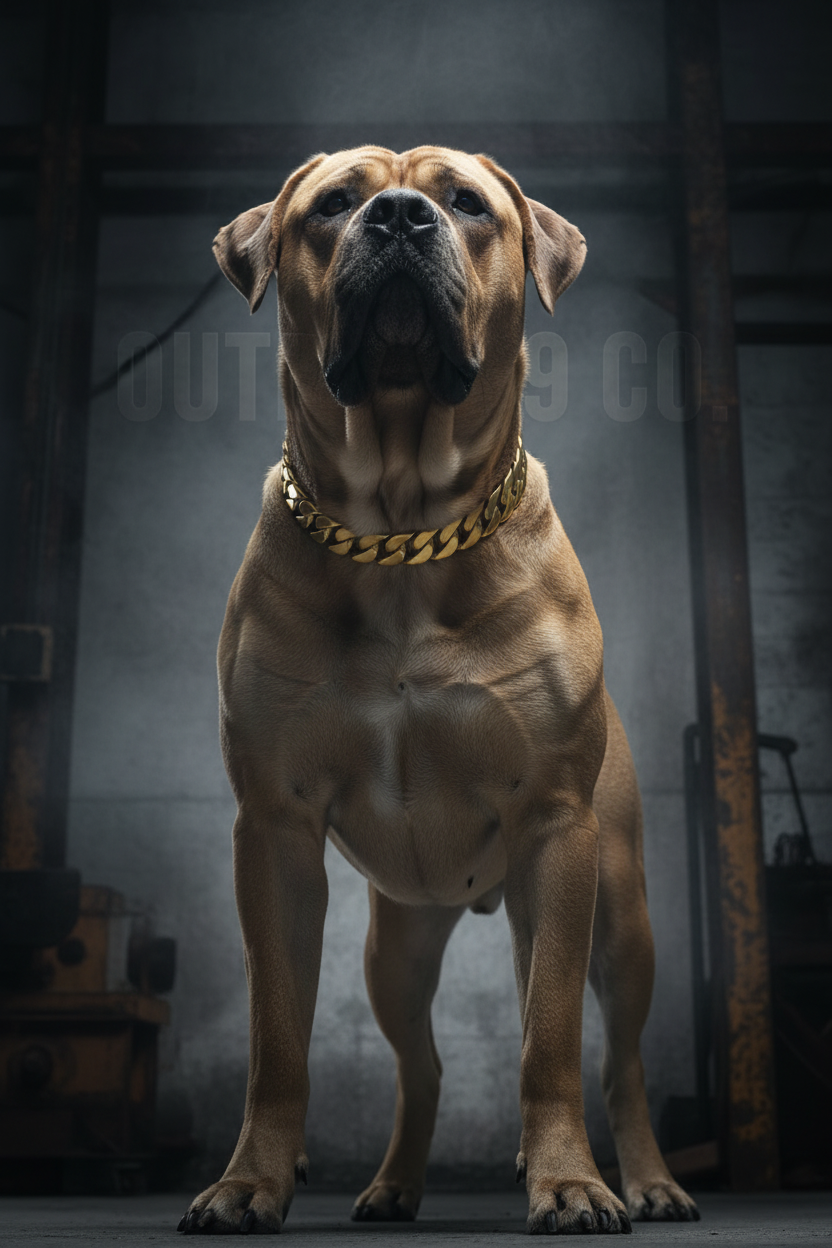 Gold heavyweight Cuban link dog collar on Boerboel low angle industrial brand campaign