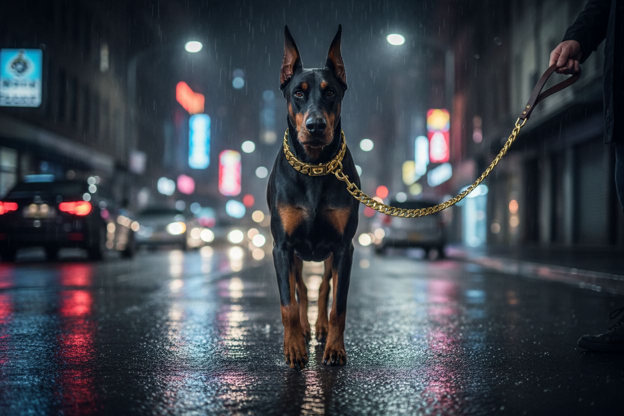 Gold heavyweight Cuban link dog collar and leash on Doberman in night city street
