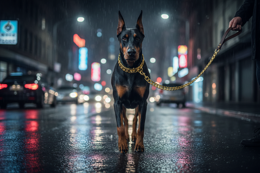 Gold heavyweight Cuban link dog collar and leash on Doberman in night city street