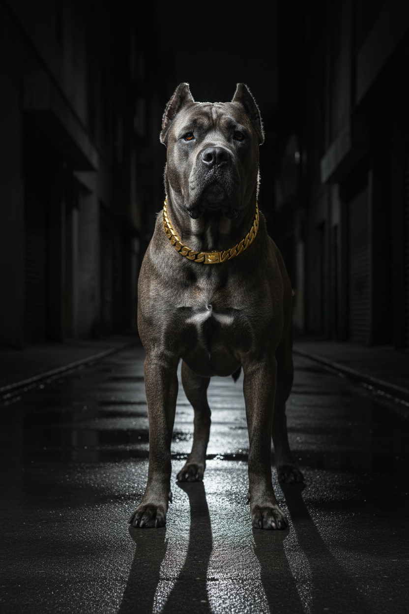 Gold heavyweight Cuban link dog collar on Cane Corso in dark urban laneway