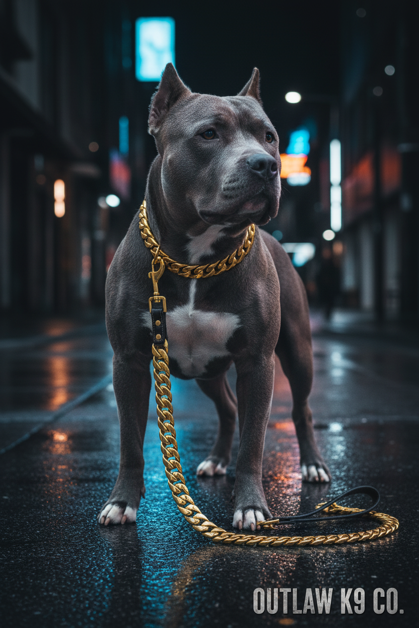 Gold heavyweight Cuban leash and collar on grey Pitbull on wet city pavement at night