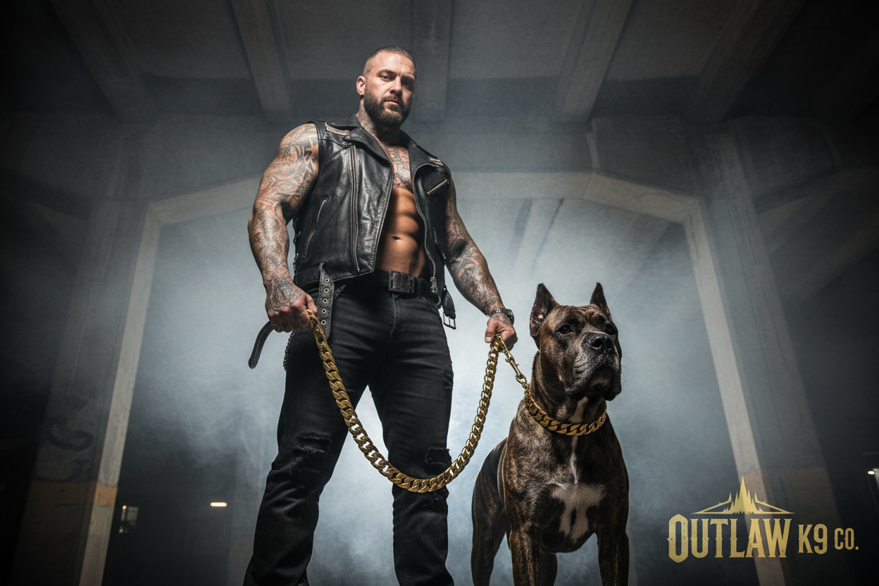 Muscular tattooed man holding gold Cuban leash with brindle Cane Corso under concrete underpass