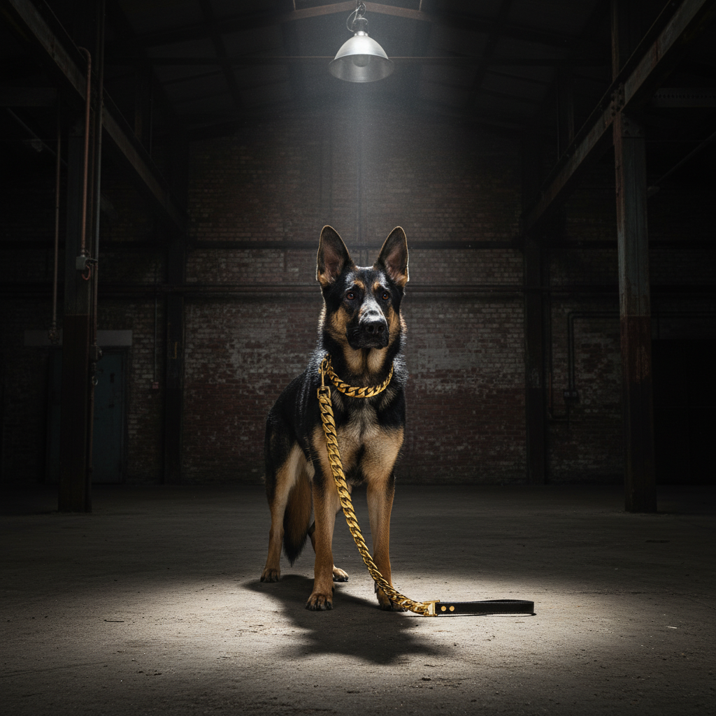 Gold heavyweight Cuban leash and collar on German Shepherd in dark industrial warehouse