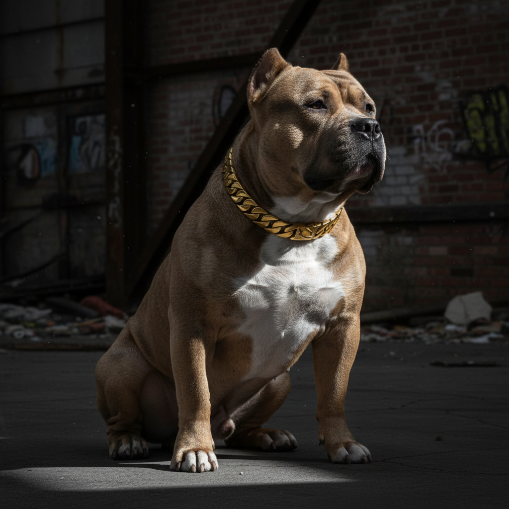 Gold heavyweight Cuban link dog collar on American Bully XL on cracked concrete
