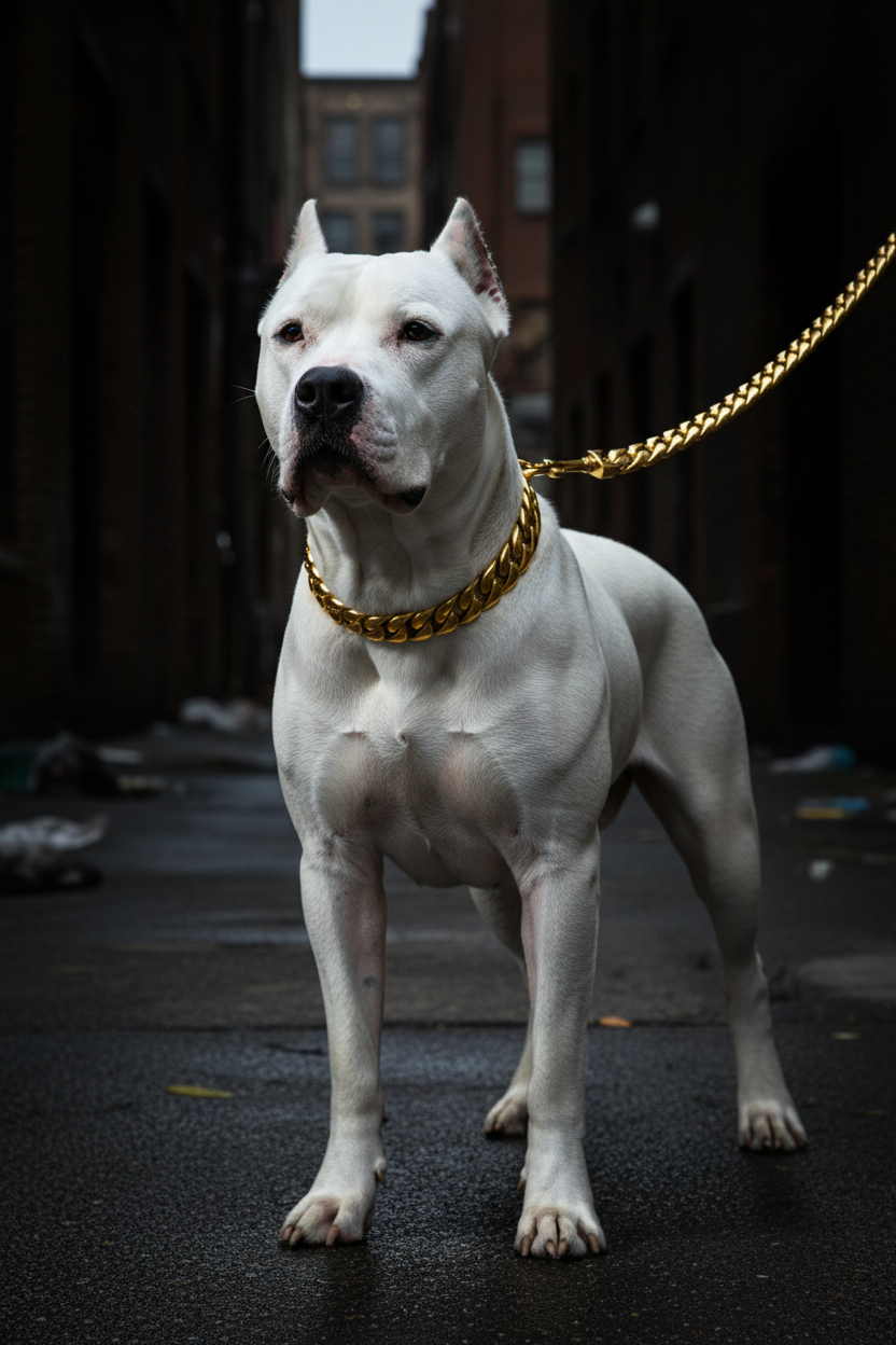 Gold heavyweight Cuban leash and collar on Dogo Argentino in dark urban alleyway
