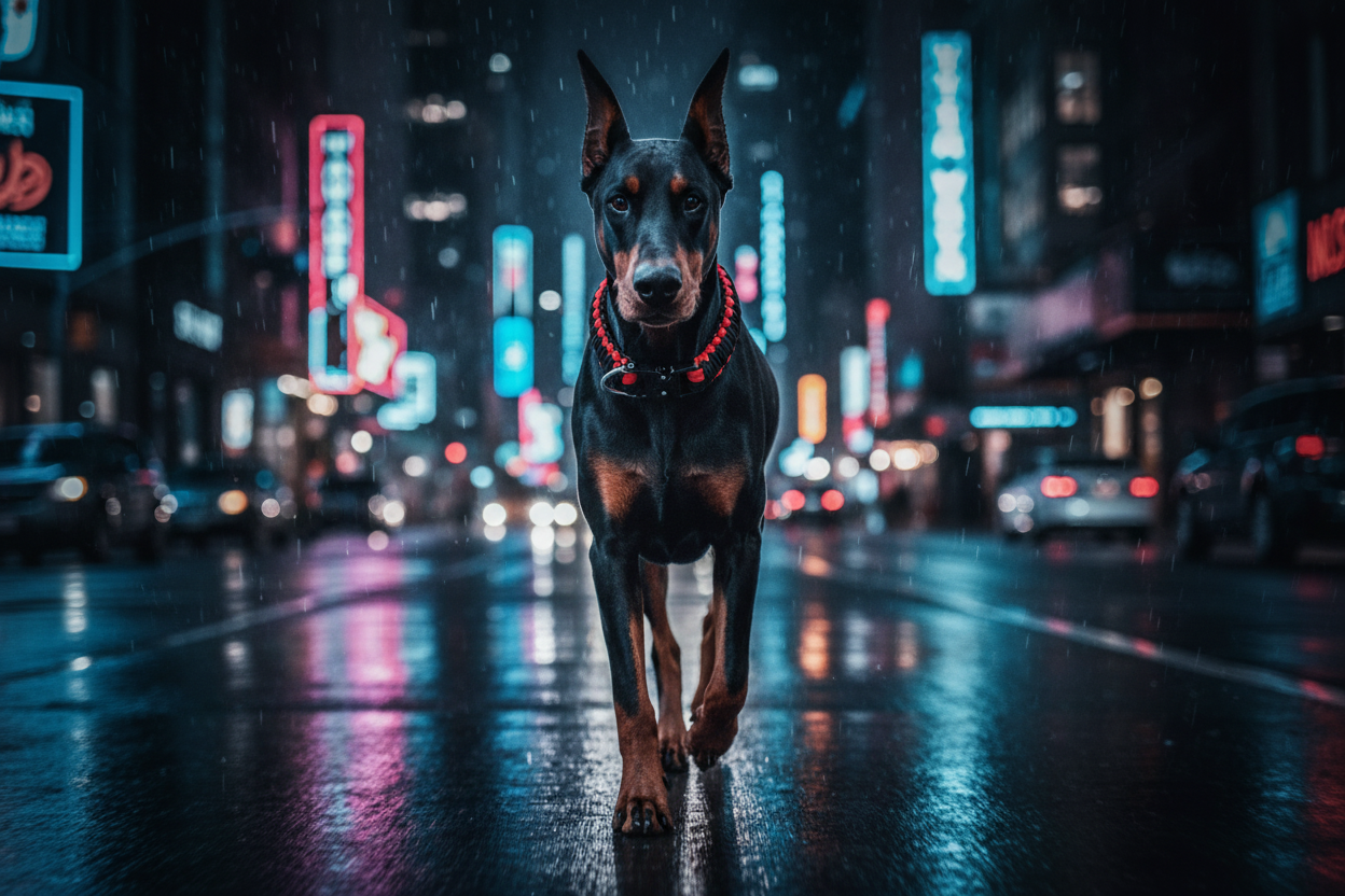 Breach Collar on Doberman striding through night city street