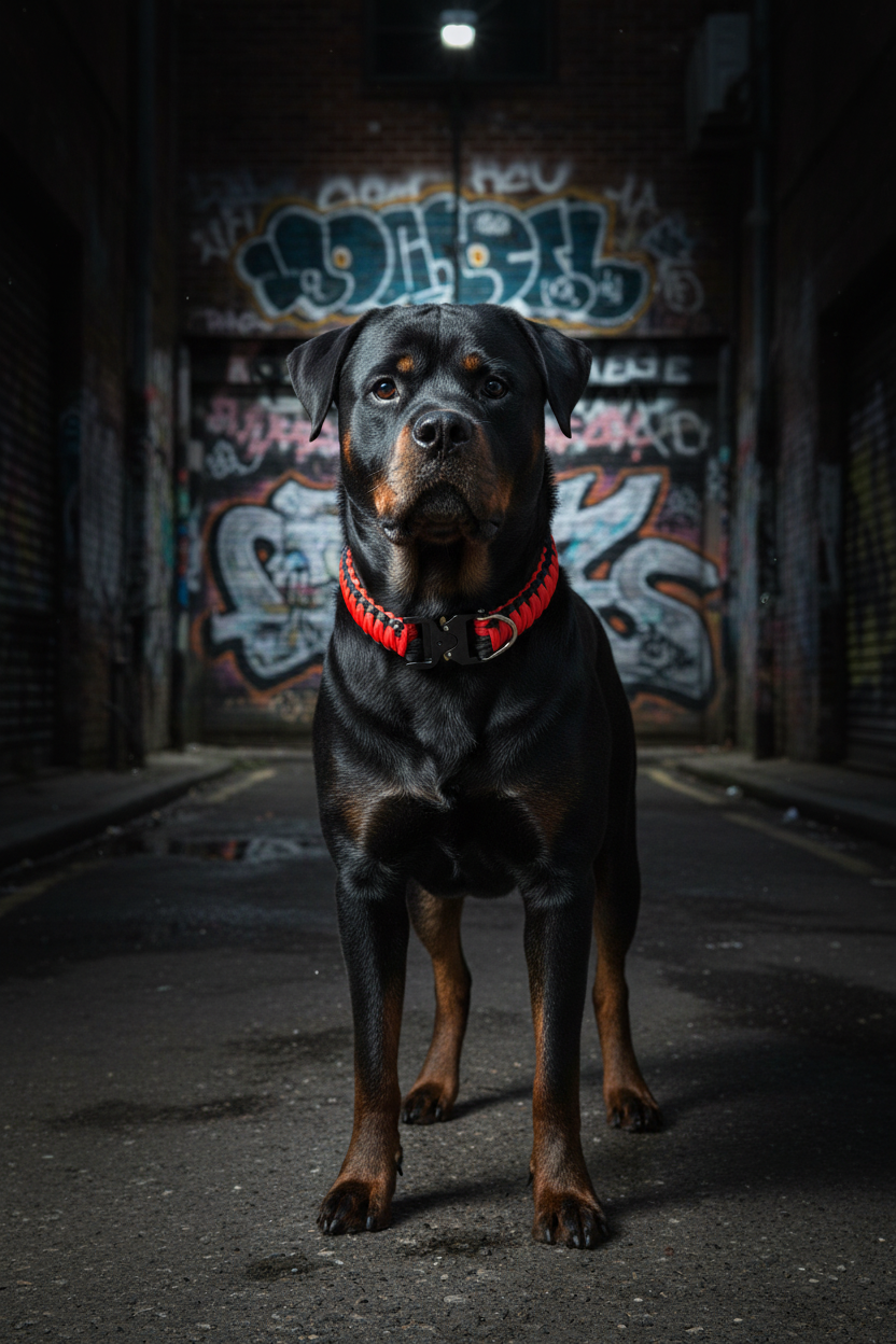 Breach Collar on black Rottweiler against graffiti wall