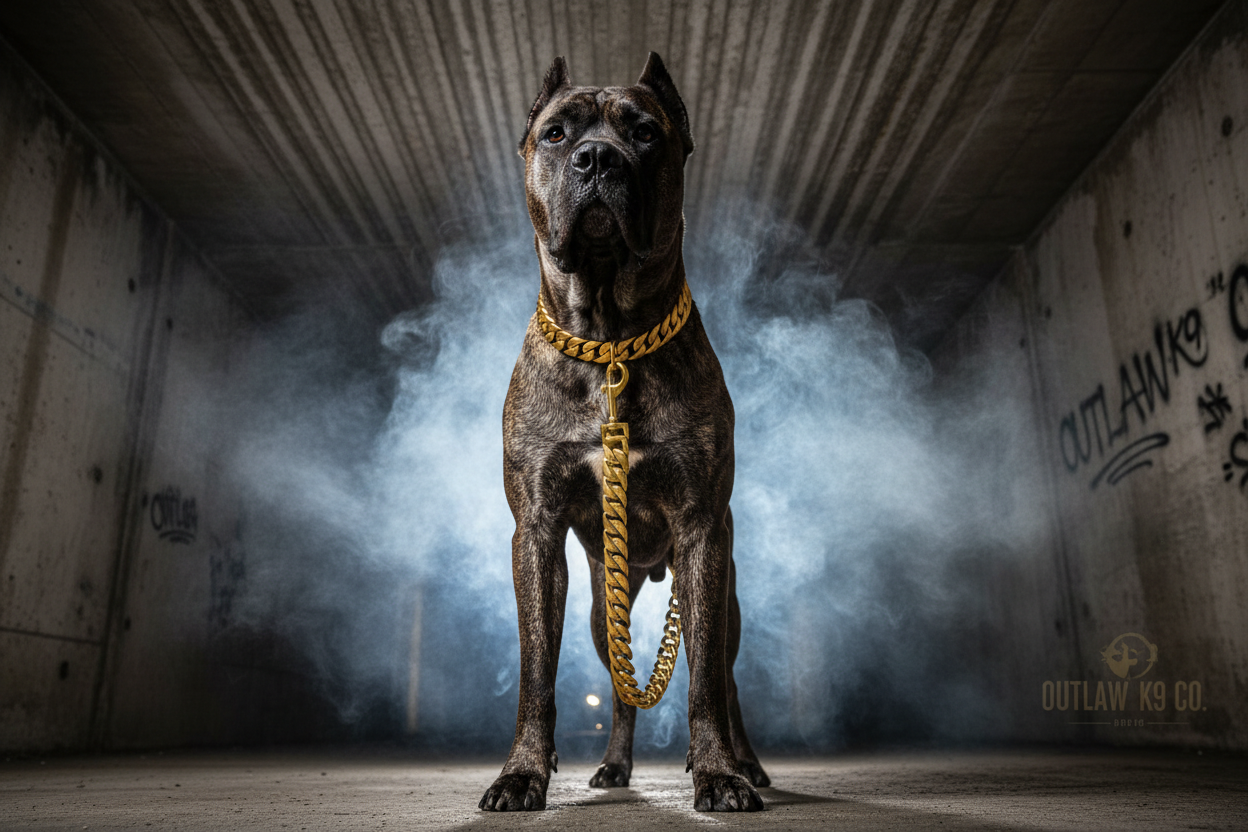 Gold heavyweight Cuban leash and collar on brindle Cane Corso under dark concrete underpass