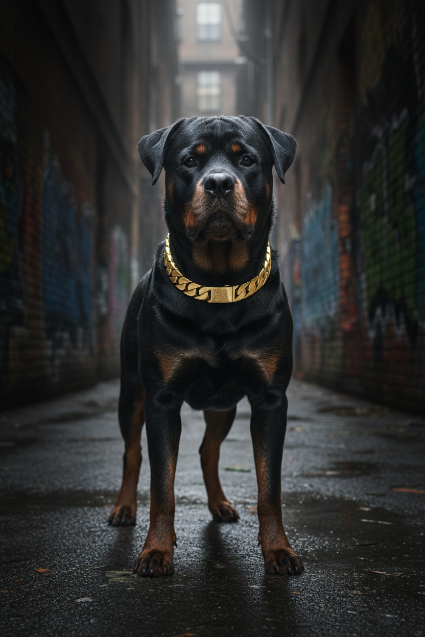 Gold heavyweight Cuban link dog collar on black Rottweiler against graffiti wall