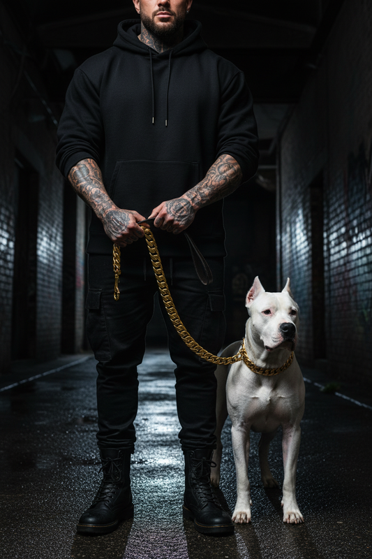 Muscular tattooed man holding gold Cuban leash with Dogo Argentino in dark urban alleyway