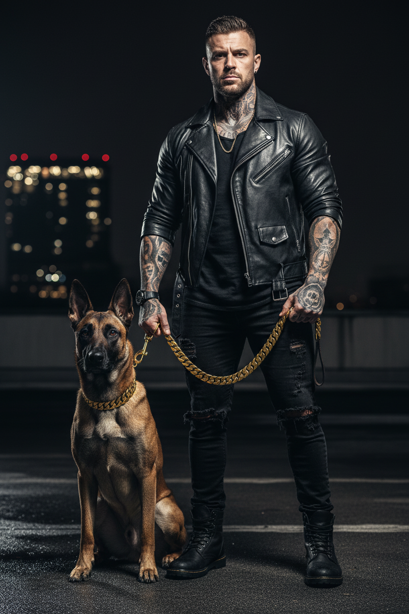 Muscular tattooed man holding gold Cuban leash with Belgian Malinois on dark urban rooftop